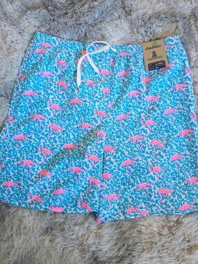 Chubbies pink flamingo swim trunks with blue background, size XL #flamingo #swim